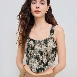 Jacquard Cat Pattern Corset Cami Crop Top